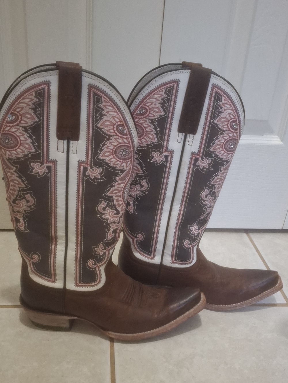 Ariat Brown and White Western Embroidered Cowboy Boots with Pink Accents